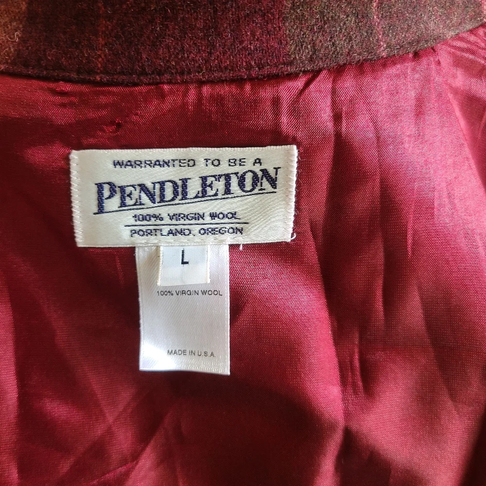 Pendleton plaid wool shirt jacket, size large, shacket, plum, olive, belted - Picture 8 of 8